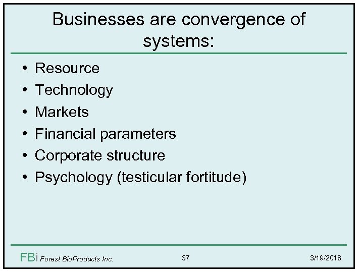 Businesses are convergence of systems: • • • Resource Technology Markets Financial parameters Corporate