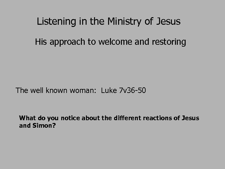 Listening in the Ministry of Jesus His approach to welcome and restoring The well