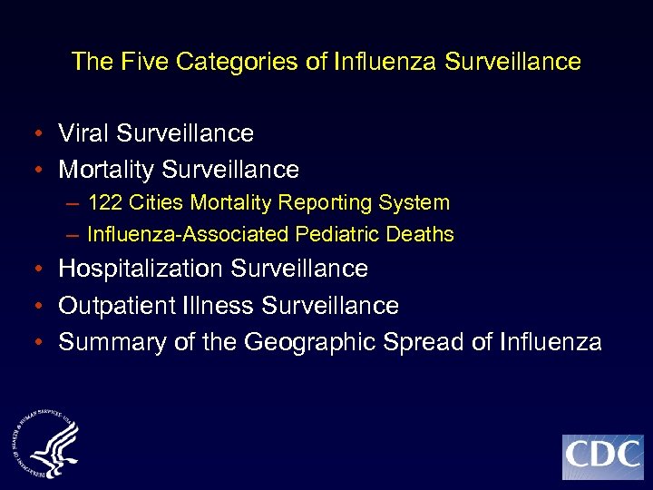 The Five Categories of Influenza Surveillance • Viral Surveillance • Mortality Surveillance – 122