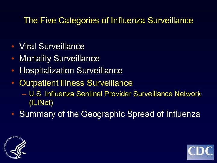 The Five Categories of Influenza Surveillance • • Viral Surveillance Mortality Surveillance Hospitalization Surveillance