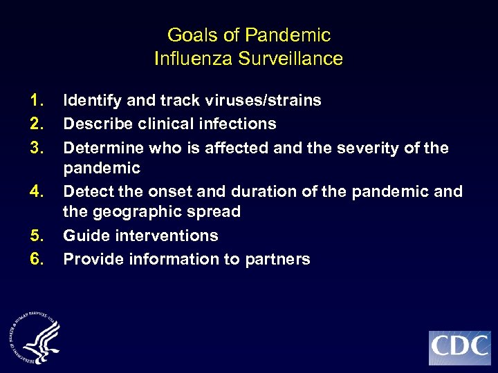 Goals of Pandemic Influenza Surveillance 1. 2. 3. 4. 5. 6. Identify and track