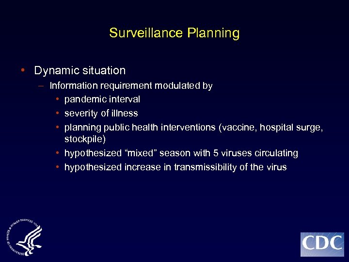 Surveillance Planning • Dynamic situation – Information requirement modulated by • pandemic interval •