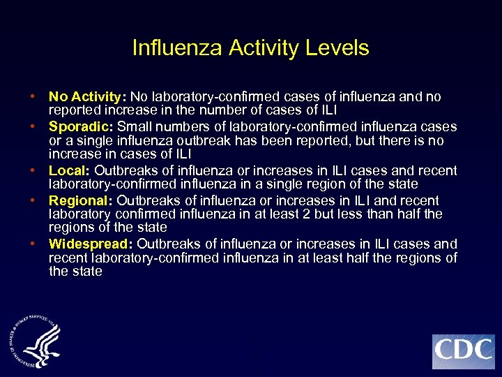 Influenza Activity Levels • No Activity: No laboratory-confirmed cases of influenza and no reported