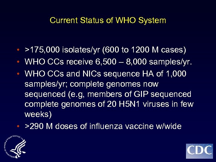Current Status of WHO System • >175, 000 isolates/yr (600 to 1200 M cases)
