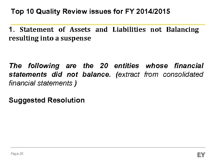 Top 10 Quality Review issues for FY 2014/2015 1. Statement of Assets and Liabilities