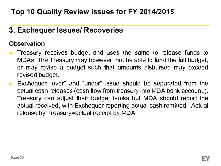 Top 10 Quality Review issues for FY 2014/2015 3. Exchequer Issues/ Recoveries Observation ►