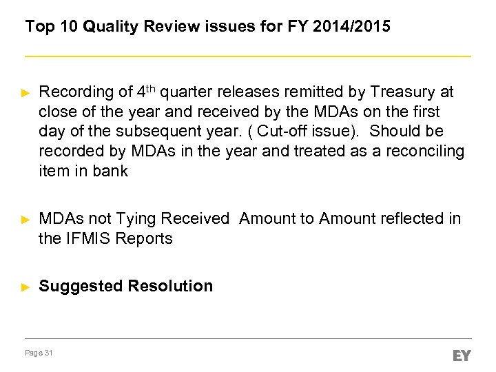 Top 10 Quality Review issues for FY 2014/2015 ► Recording of 4 th quarter