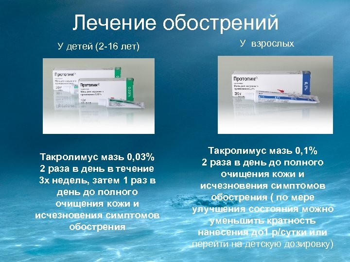 Лечение обострений У детей (2 -16 лет) Такролимус мазь 0, 03% 2 раза в