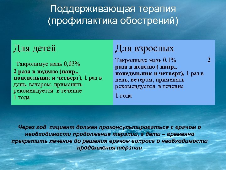 Поддерживающая терапия (профилактика обострений) Для детей Такролимус мазь 0, 03% 2 раза в неделю