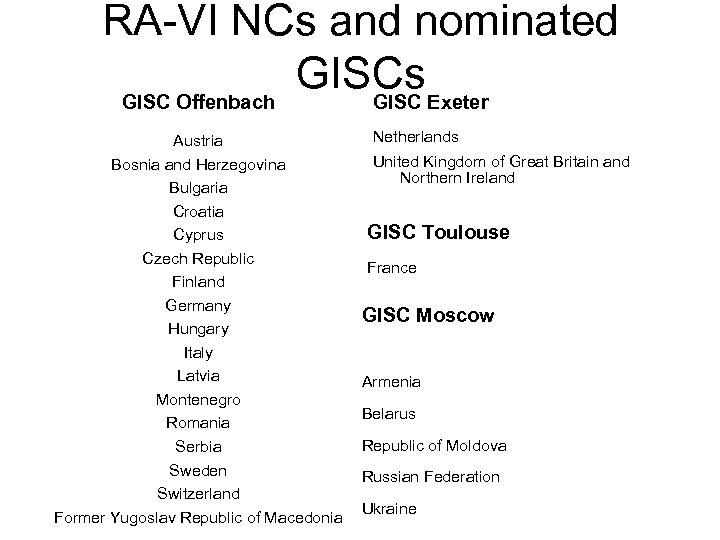 RA-VI NCs and nominated GISCs Exeter GISC Offenbach GISC Austria Bosnia and Herzegovina Bulgaria
