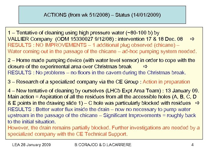 ACTIONS (from wk 51/2008) – Status (14/01/2009) 1 – Tentative of cleaning using high