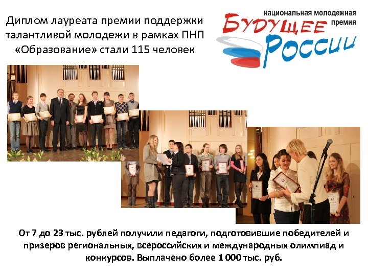 Диплом лауреата премии поддержки талантливой молодежи в рамках ПНП «Образование» стали 115 человек От