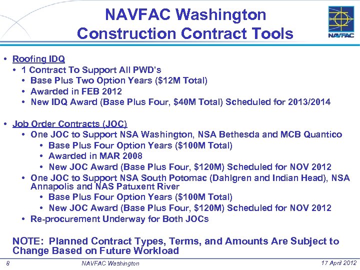 NAVFAC Washington Construction Contract Tools • Roofing IDQ • 1 Contract To Support All