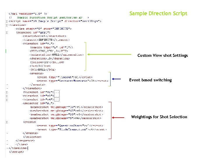Sample Direction Script Custom View shot Settings Event based switching Weightings for Shot Selection