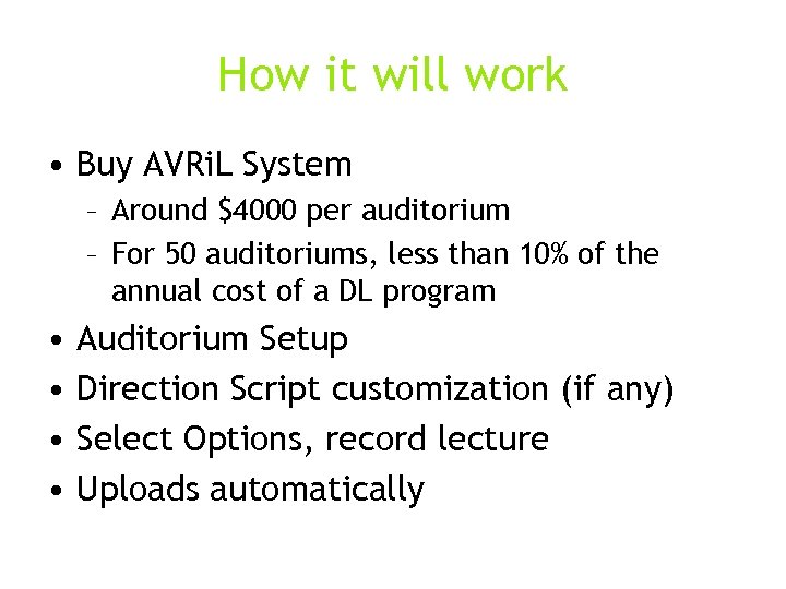 How it will work • Buy AVRi. L System – Around $4000 per auditorium