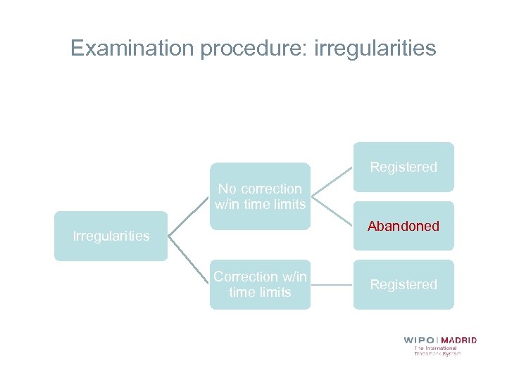 Examination procedure: irregularities Registered No correction w/in time limits Abandoned Irregularities Correction w/in time