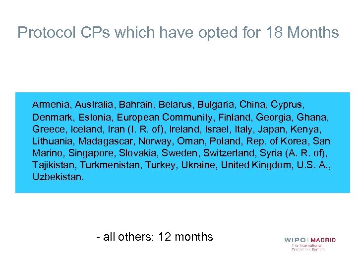 Protocol CPs which have opted for 18 Months Armenia, Australia, Bahrain, Belarus, Bulgaria, China,