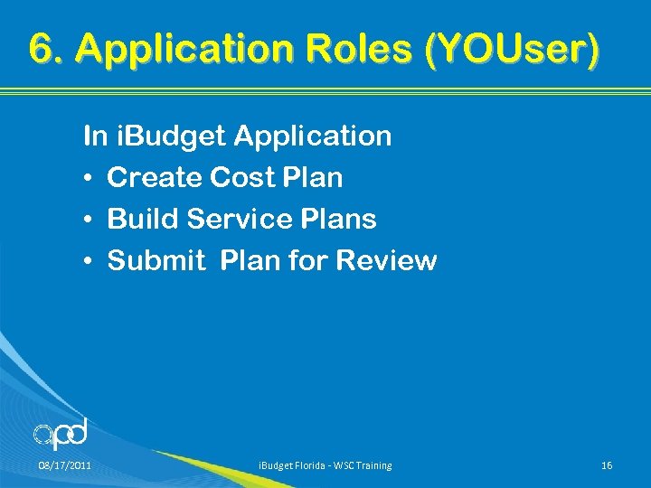 6. Application Roles (YOUser) In i. Budget Application • Create Cost Plan • Build