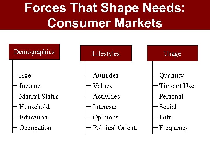Forces That Shape Needs: Consumer Markets Demographics Age Income Marital Status Household Education Occupation