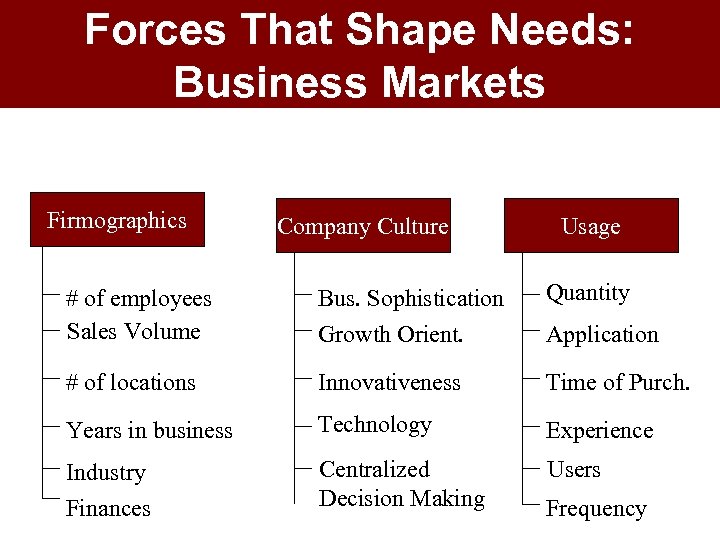 Forces That Shape Needs: Business Markets Firmographics Company Culture Usage # of employees Sales