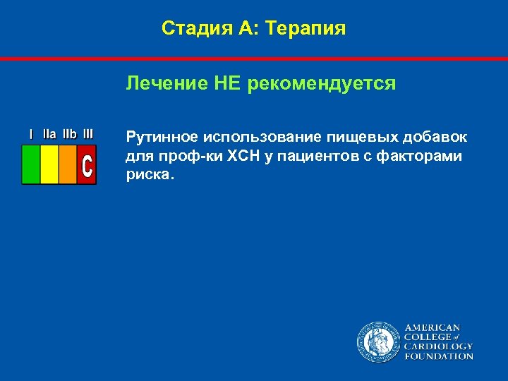 Стадия А: Терапия Лечение НЕ рекомендуется Рутинное использование пищевых добавок для проф-ки ХСН у