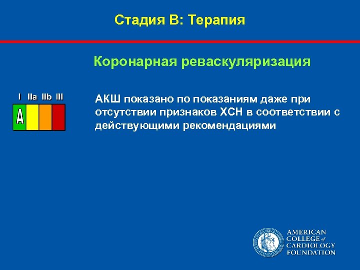 Стадия В: Терапия Коронарная реваскуляризация АКШ показано по показаниям даже при отсутствии признаков ХСН