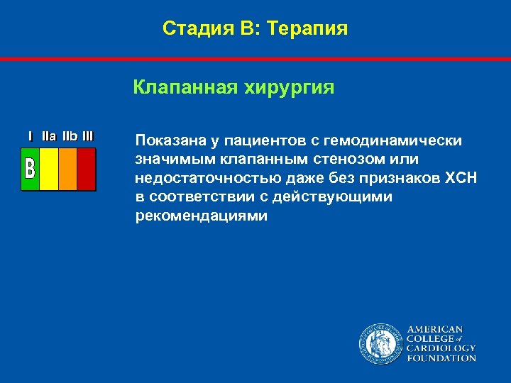 Стадия В: Терапия Клапанная хирургия I IIa IIb III Показана у пациентов с гемодинамически
