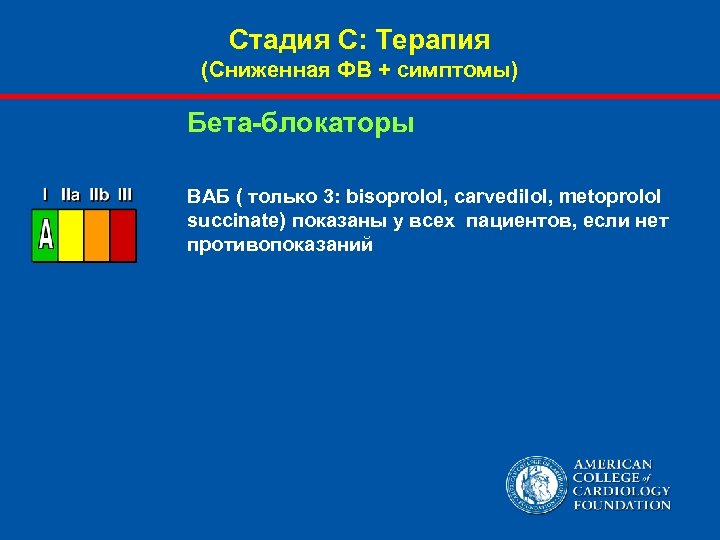 Стадия С: Терапия (Сниженная ФВ + симптомы) Бета-блокаторы ВАБ ( только 3: bisoprolol, carvedilol,