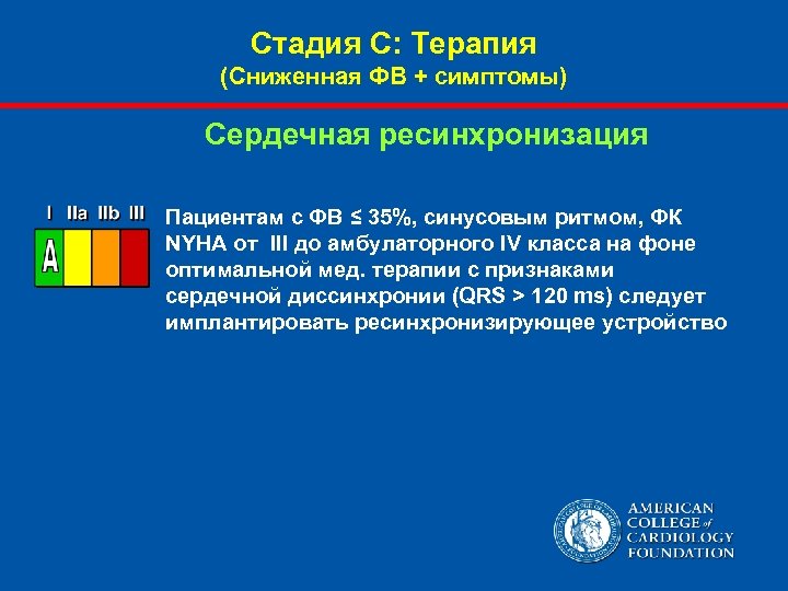 Стадия С: Терапия (Сниженная ФВ + симптомы) Сердечная ресинхронизация Пациентам с ФВ ≤ 35%,