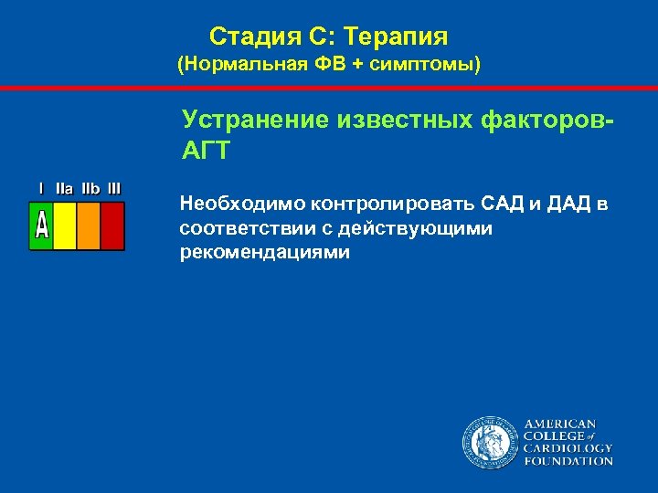 Стадия С: Терапия (Нормальная ФВ + симптомы) Устранение известных факторов. АГТ Необходимо контролировать САД