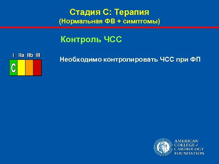 Стадия С: Терапия (Нормальная ФВ + симптомы) Контроль ЧСС Необходимо контролировать ЧСС при ФП