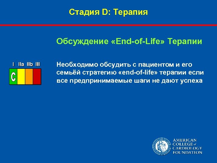 Стадия D: Терапия Обсуждение «End-of-Life» Терапии Необходимо обсудить с пациентом и его семьёй стратегию