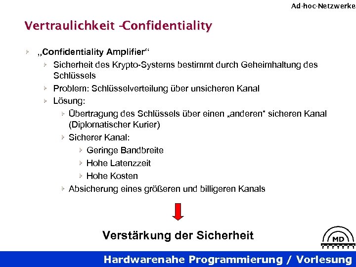 Ad-hoc-Netzwerke Vertraulichkeit – Confidentiality „Confidentiality Amplifier“ Sicherheit des Krypto-Systems bestimmt durch Geheimhaltung des Schlüssels