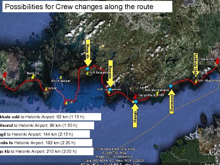 Possibilities for Crew changes along the route ösund to Helsinki Airport: 89 km (1: