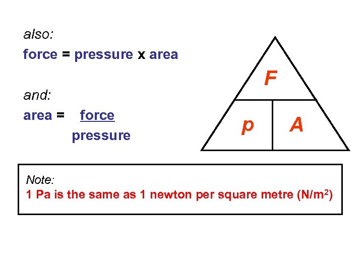 also: force = pressure x area and: area = F force pressure p A