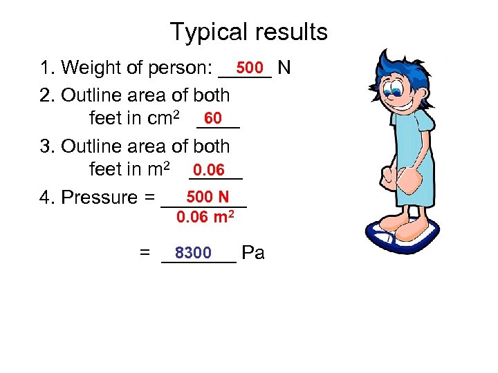 Typical results 500 1. Weight of person: _____ N 2. Outline area of both