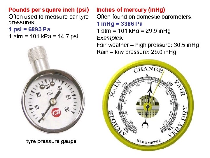 Pounds per square inch (psi) Often used to measure car tyre pressures. 1 psi