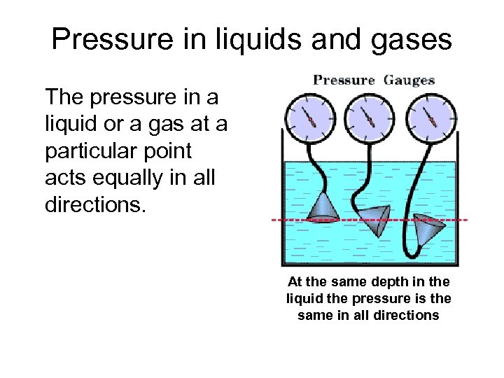 Pressure in liquids and gases The pressure in a liquid or a gas at