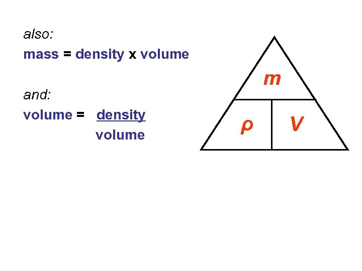 also: mass = density x volume and: volume = density volume m ρ V