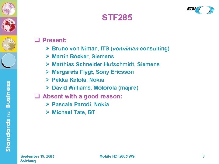 STF 285 q Present: Ø Ø Ø Bruno von Niman, ITS (vonniman consulting) Martin