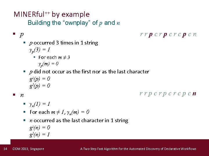 MINERful++ by example Building the “ownplay” of p and n § p rrpcrpcrcpcn §
