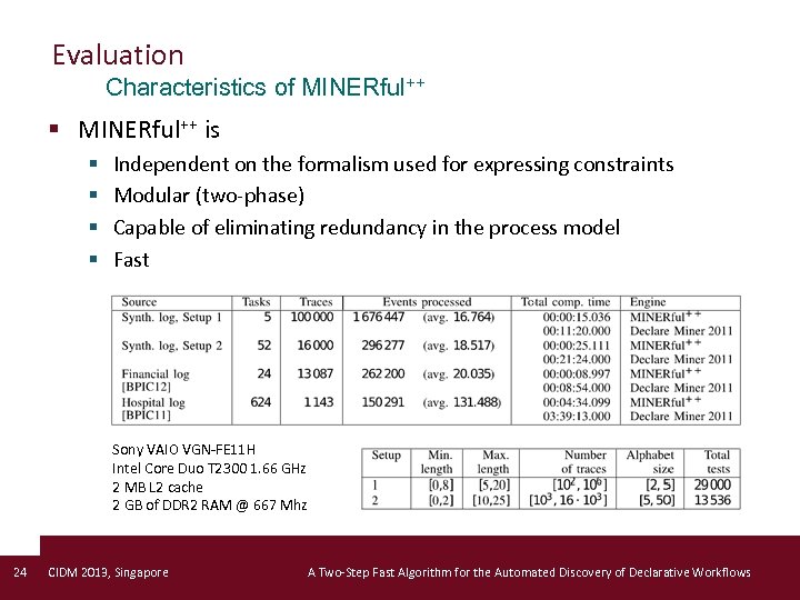 Evaluation Characteristics of MINERful++ § MINERful++ is § § Independent on the formalism used