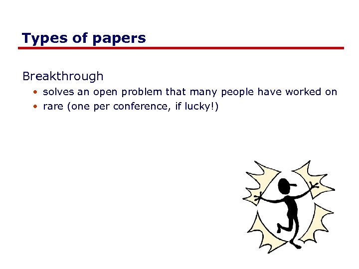 Types of papers Breakthrough • solves an open problem that many people have worked