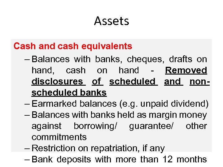 Assets Cash and cash equivalents – Balances with banks, cheques, drafts on hand, cash