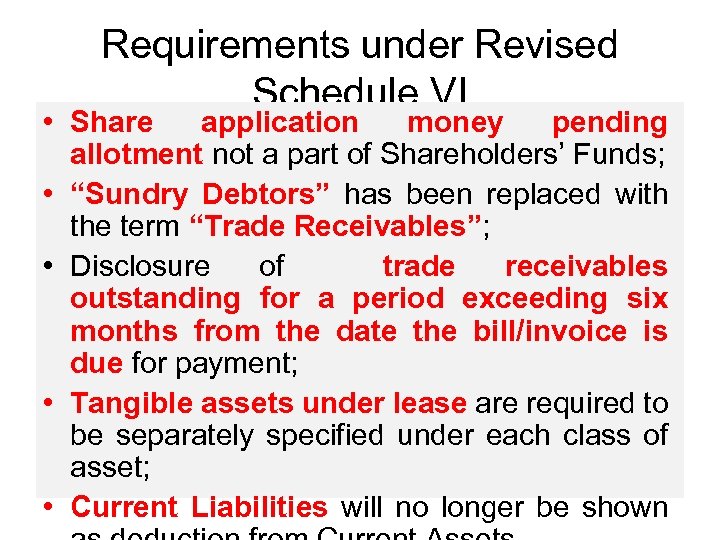 Requirements under Revised Schedule VI • Share application money pending allotment not a part