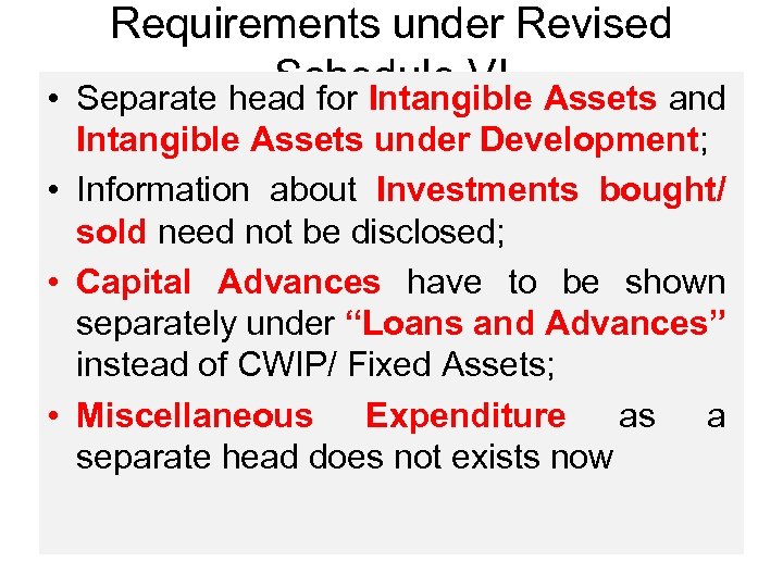 Requirements under Revised Schedule VI Assets and • Separate head for Intangible Assets under