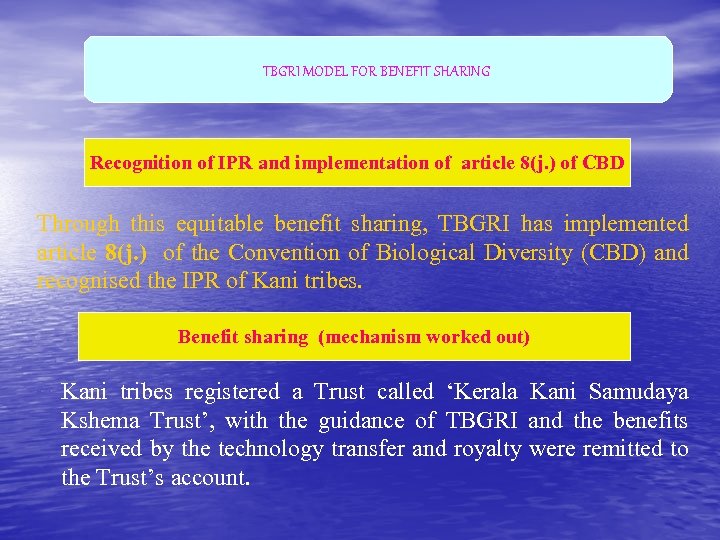 TBGRI MODEL FOR BENEFIT SHARING Recognition of IPR and implementation of article 8(j. )