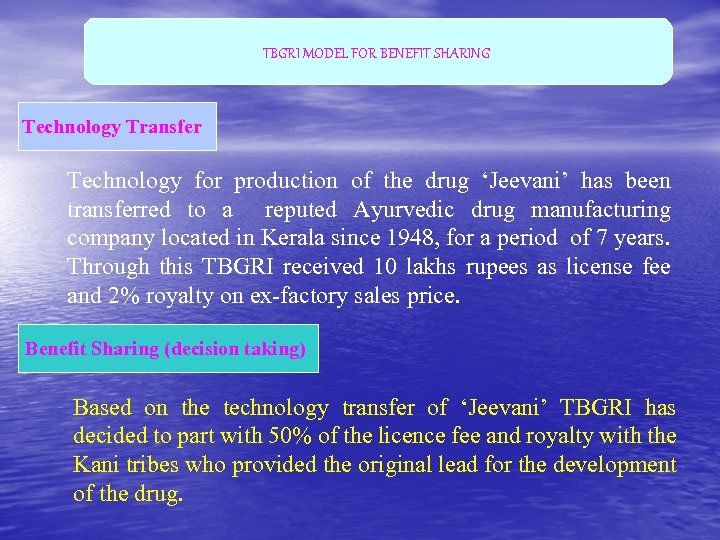 TBGRI MODEL FOR BENEFIT SHARING Technology Transfer Technology for production of the drug ‘Jeevani’