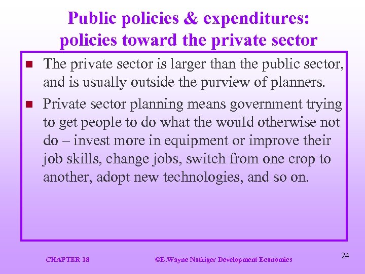 Public policies & expenditures: policies toward the private sector n n The private sector