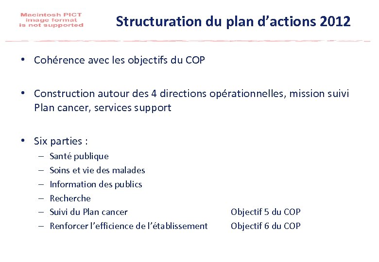 Structuration du plan d’actions 2012 • Cohérence avec les objectifs du COP • Construction